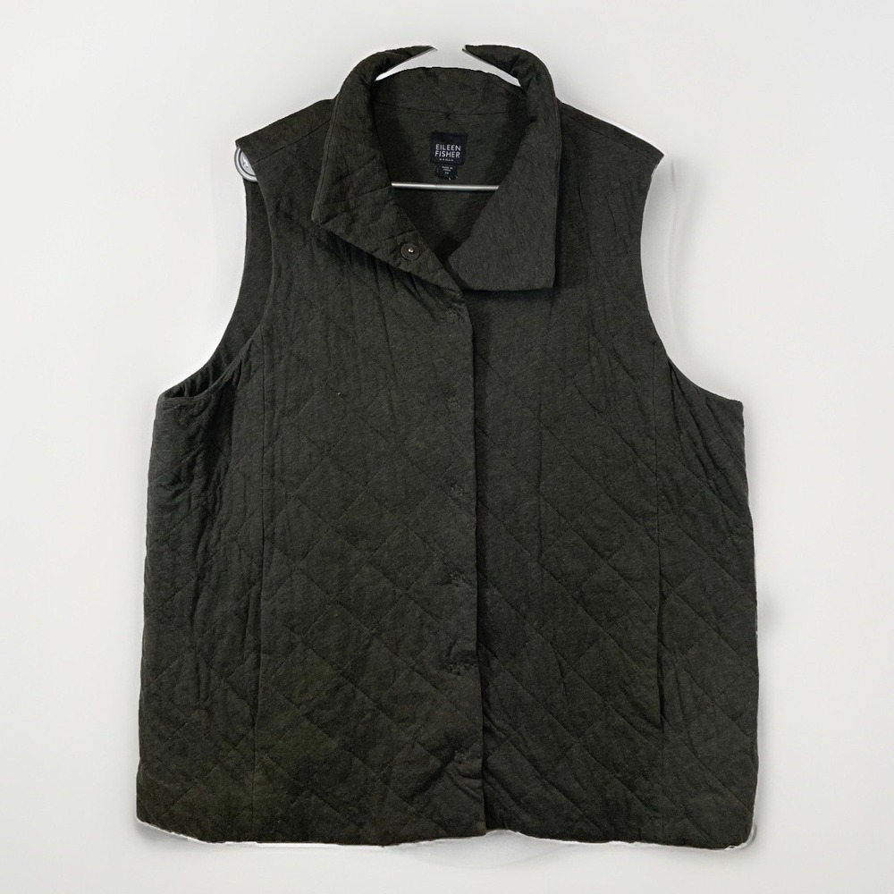 Eileen Fisher 2X Quilted Cotton Snap Vest Mock Neck Pockets Minimalist